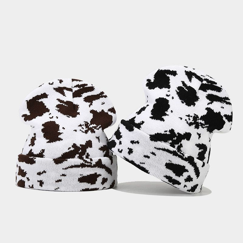 Wholesale Cow Pattern Leopard Jacquard Knitted Hat Thickened Warm Wool Hat